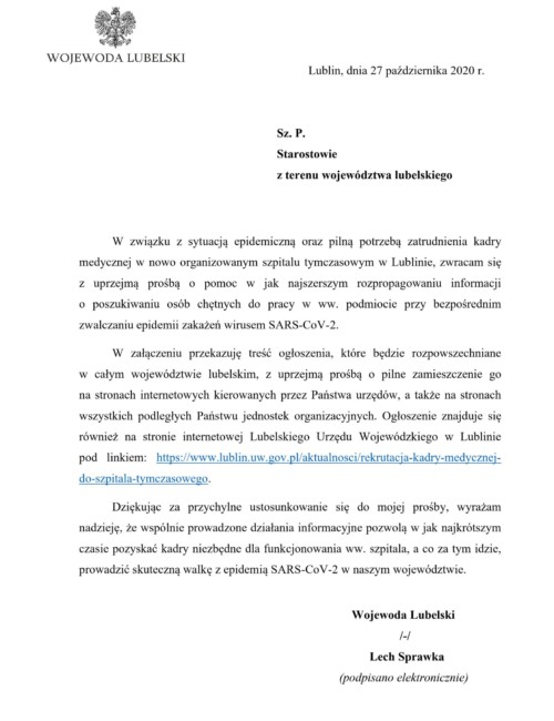 Pismo Wojewody Lubelskiego w sprawie poszukiwania kadry medycznej gotowej do podjęcia pracy w organizowanym szpitalu tymczasowym dla pacjentów chorych na covid-19 z terenu województwa lubelskiego Pismo WojewodayLubelskiego w sprawie poszukiwania kadry medycznej gotowej do podjęcia pracy w organizowanym szpitalu tymczasowym dla pacjentów chorych na covid-19 z terenu województwa lubelskiego